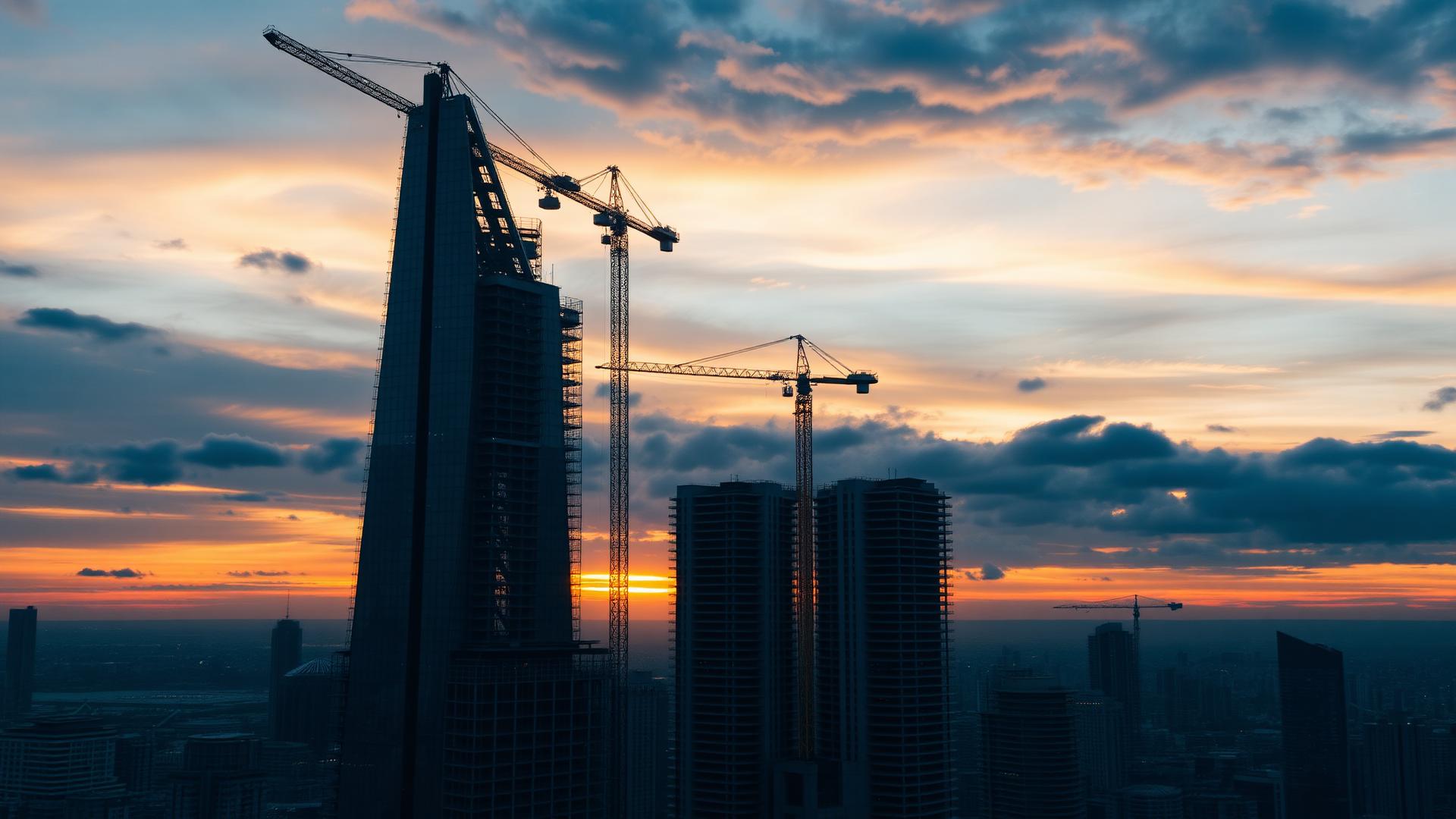 Skyscraper under construction at sunset